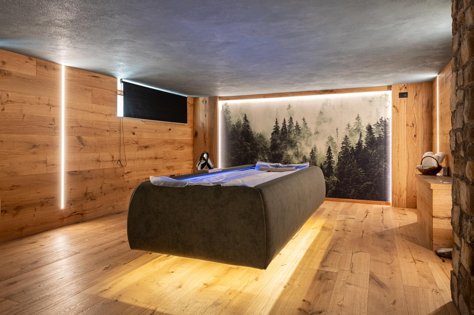 Stanza wellness dell'Hotel Des Alpes a San Martino di Castrozza con sistema Zerobody Dry Float Starpool e parete con bosco.Stanza wellness dell'Hotel Des Alpes a San Martino di Castrozza con sistema Zerobody Dry Float Starpool e parete con bosco.